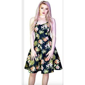 DR FAUST Marrama Palm Tree Exotic Flowers Black Retro Midi Swing Dress Rock Vtg